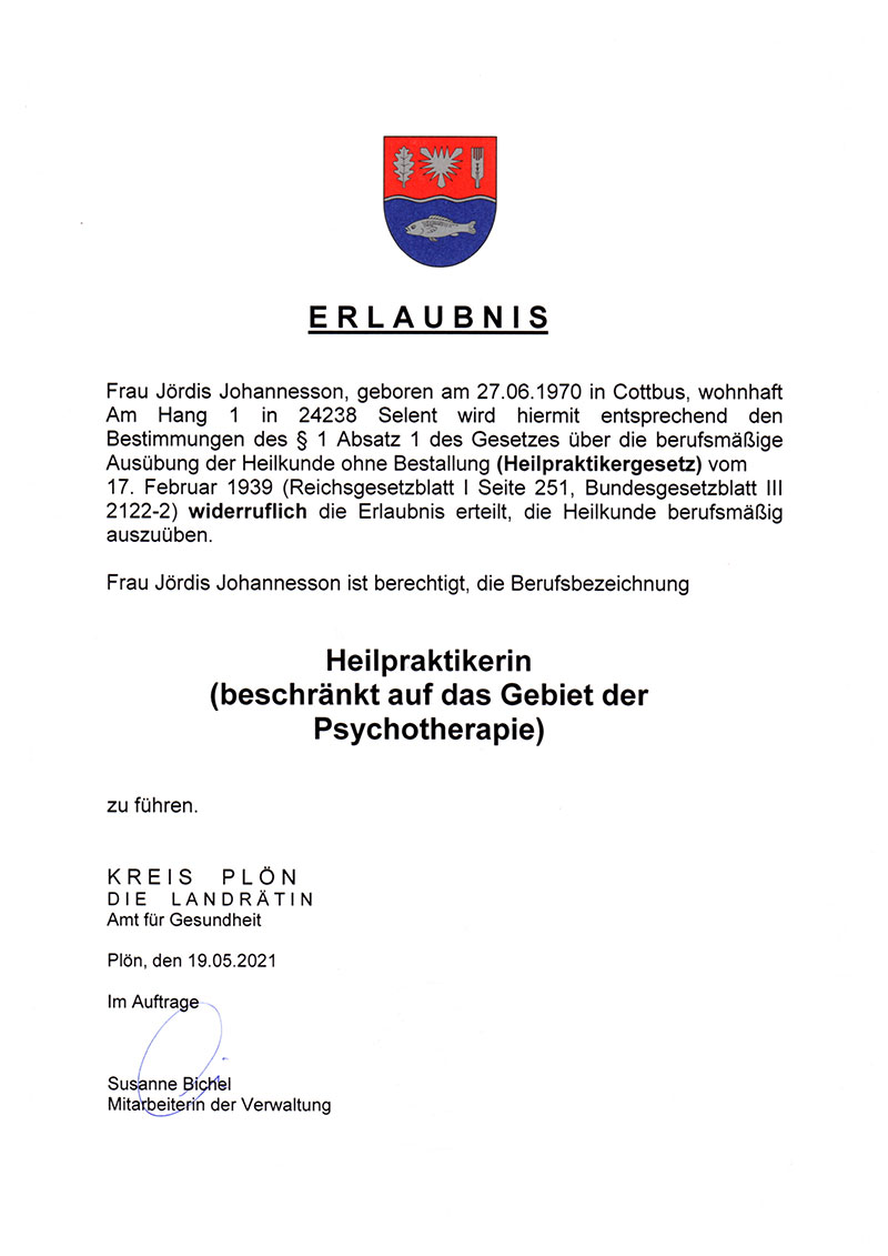 Urkunde Heilpraktikerin Psychotherapie